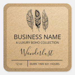 Boho Feather Design Kraft Paper Soy Candle Labels Quadratischer Aufkleber