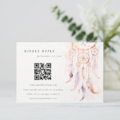 Boho Feather Dreamcatcher Wedding RSVP QR Code Begleitkarte (Stehend Vorderseite)