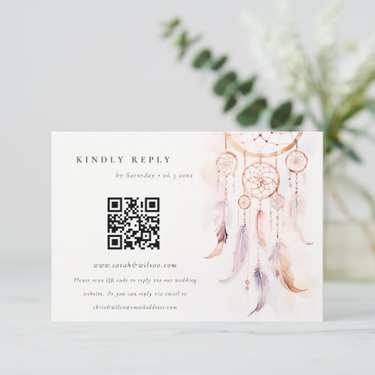Boho Feather Dreamcatcher Wedding RSVP QR Code Begleitkarte (Stehend Vorderseite)