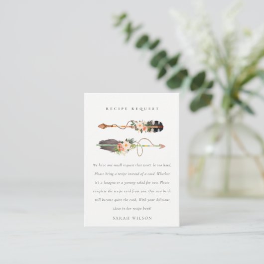 Boho Feather Floral Arrow Recipe Request Bride Begleitkarte (Stehend Vorderseite)