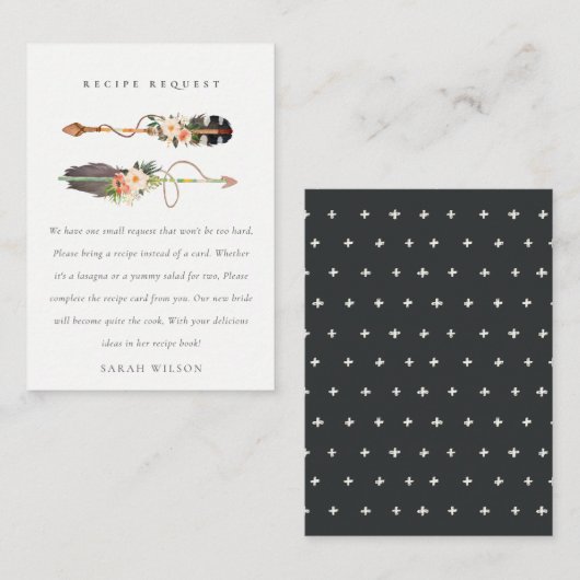 Boho Feather Floral Arrow Recipe Request Bride Begleitkarte (Vorne/Hinten)