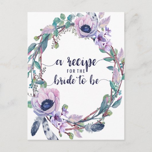 Boho Feather & Floral Brautparty Rezept Card Postkarte (Vorderseite)