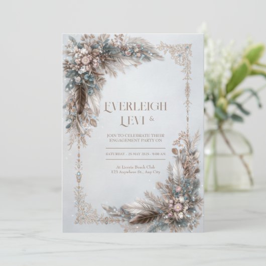 Boho Feather Floral Dusty Blue Gold Frame Wedding Einladung (Stehend Vorderseite)