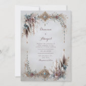 Boho Feather Floral Gold Jewel Frame Wedding Einladung (Vorderseite)