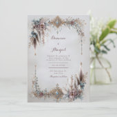 Boho Feather Floral Gold Jewel Frame Wedding Einladung (Stehend Vorderseite)