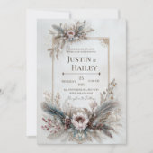 Boho Feather Floral Pink Gold Frame Wedding Einladung (Vorderseite)