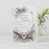 Boho Feather Floral Pink Gold Frame Wedding Einladung (Stehend Vorderseite)