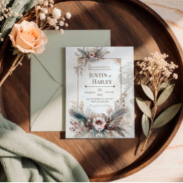 Boho Feather Floral Pink Gold Frame Wedding Einladung