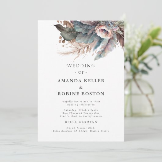 Boho Feather Floral Wedding Einladung (Stehend Vorderseite)
