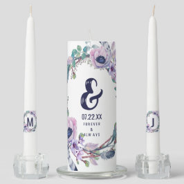 Boho Feather & Floral Wreath Wedding Monogram Kerzenset