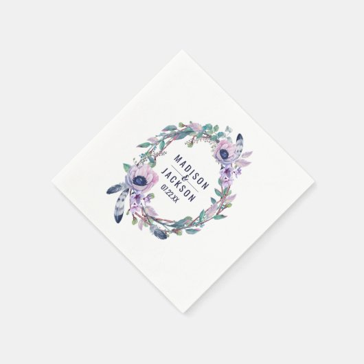 Boho Feather & Floral Wreath Wedding Monogram Serviette (Ecke)