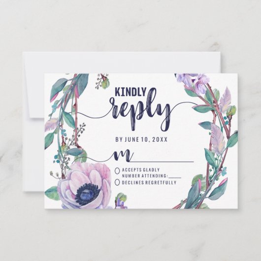 Boho Feather & Floral Wreath Wedding Reply UAWG RSVP Karte (Vorderseite)