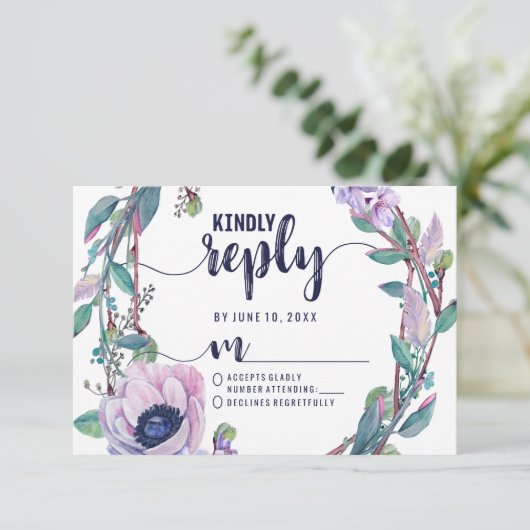 Boho Feather & Floral Wreath Wedding Reply UAWG RSVP Karte (Stehend Vorderseite)