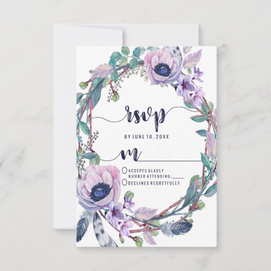 Boho Feather & Floral Wreath Wedding RSVP Response Karte (Vorderseite)