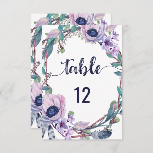 Boho Feather & Floral Wreath Wedding Tischnummern (Vorne/Hinten)