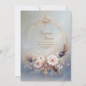 Boho Feather Gold Oval Frame Purple Jewel Wedding Einladung (Vorderseite)