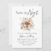 Boho Feather Her Nest Bow Baby Shower Einladung (Vorderseite)