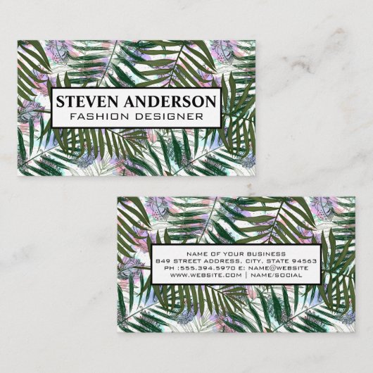 Boho Feather | Palm Pattern Stilvoll Visitenkarte (Vorne/Hinten)