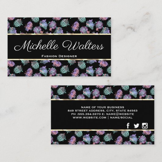 Boho Feather Pattern | Gold Trim Business Card Visitenkarte (Vorne/Hinten)