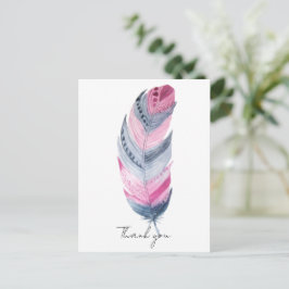 Boho Feather Pink Gray Watercolor Vielen Dank Postkarte