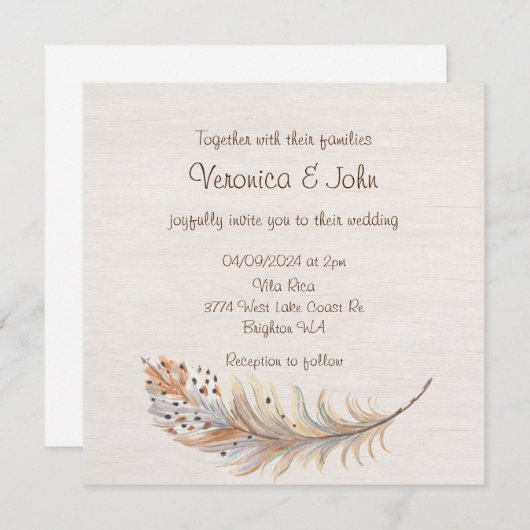 Boho feather rustikale Hochzeitseinladung Einladung (Vorne/Hinten)