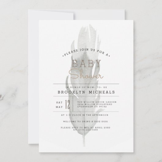 Boho Feather | Wasserfarben-Babydusche Einladung (Vorderseite)