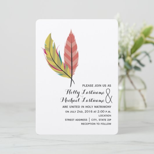 Boho Feather Wedding Einladung (Stehend Vorderseite)