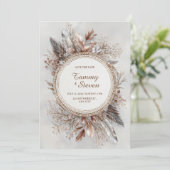 Boho Feather Wreath Earth Tone Gold Frame Wedding Einladung (Stehend Vorderseite)