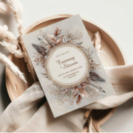 Boho Feather Wreath Earth Tone Gold Frame Wedding Einladung