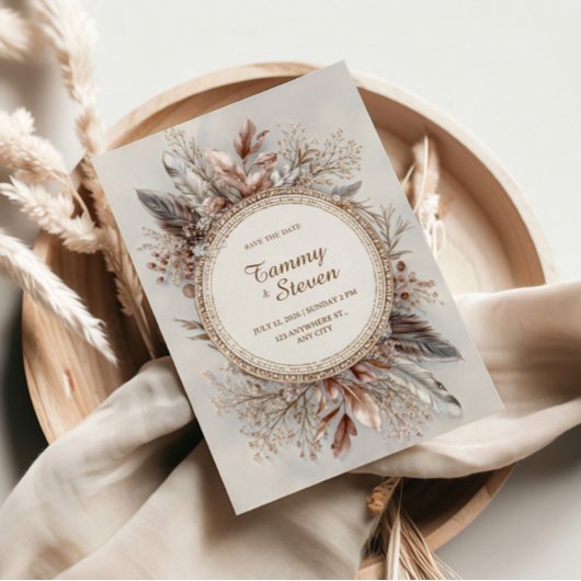 Boho Feather Wreath Earth Tone Gold Frame Wedding Einladung