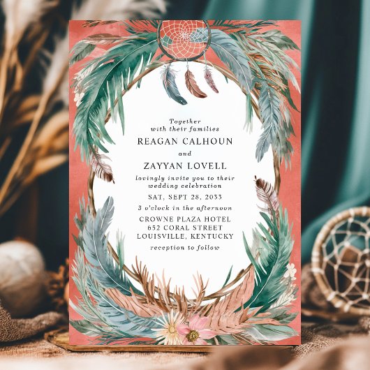 Boho Feather Wreath mit Dreamcatcher Wedding Einladung