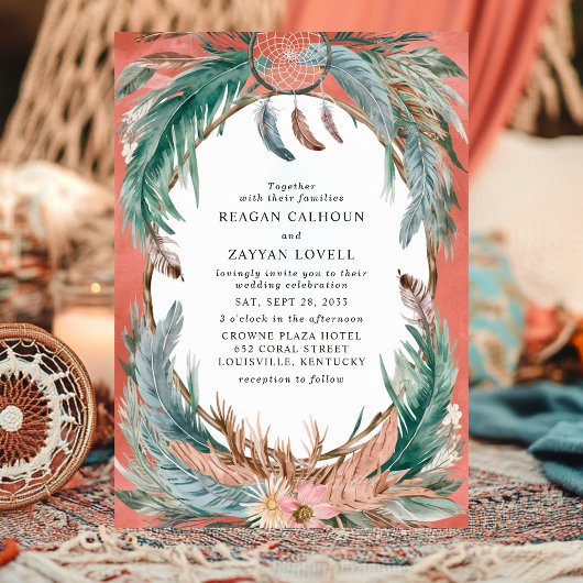 Boho Feather Wreath mit Dreamcatcher Wedding Einladung