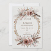Boho Feather Wreath Pink Floral Gold Wedding Einladung (Vorderseite)