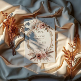 Boho Feather Wreath Pink Floral Gold Wedding Einladung