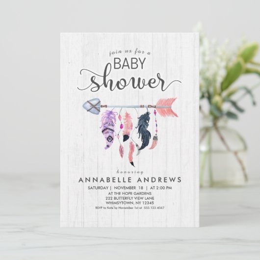 Boho Feathers & Arrow Baby Shower Einladung (Stehend Vorderseite)