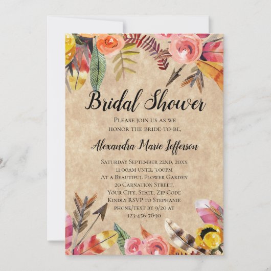 Boho Feathers Arrows Blume Rustikale Hochzeit Einladung (Vorderseite)