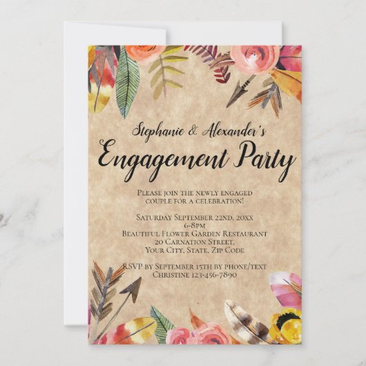 Boho Feathers Arrows Blume Rustikale Hochzeit Einladung (Vorderseite)