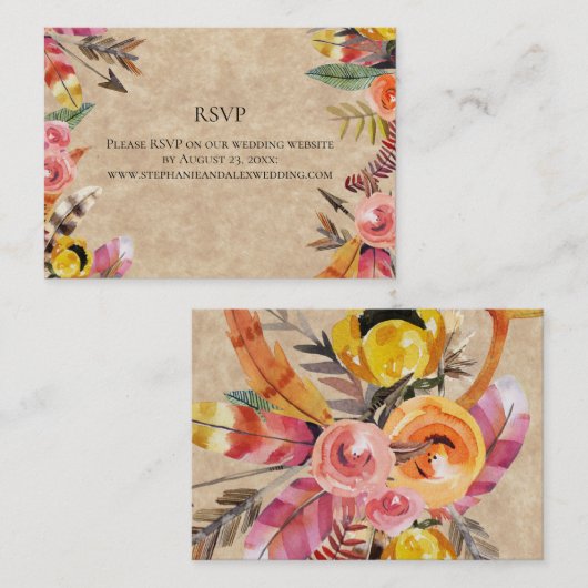 Boho Feathers Arrows Blume Rustikale Hochzeit Visitenkarte (Vorne/Hinten)