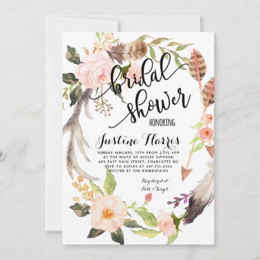 Boho Feathers Bridal Duwer Einladung (Vorderseite)