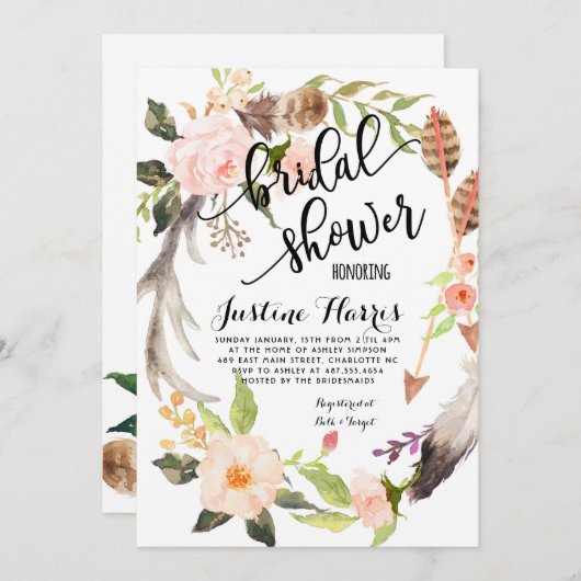 Boho Feathers Bridal Duwer Einladung (Vorne/Hinten)