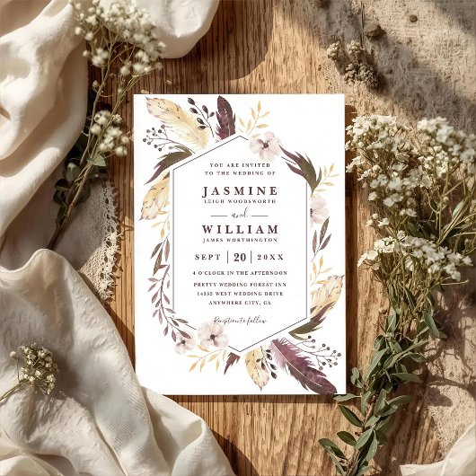 Boho Feathers Elagant Modern Chic QR Code Wedding Einladung