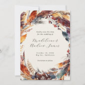 Boho Feathers Fall Foliage Calligrafy Wedding Save The Date (Vorderseite)