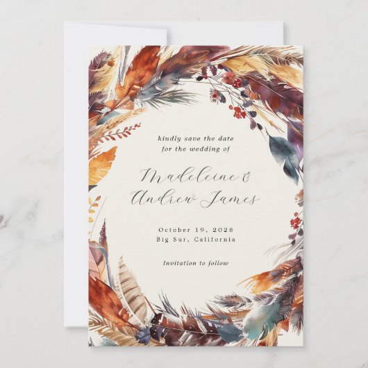 Boho Feathers Fall Foliage Calligrafy Wedding Save The Date (Vorderseite)