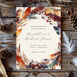Boho Feathers Fall Foliage Calligrafy Wedding Save The Date