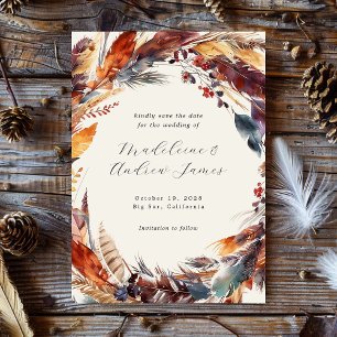 Boho Feathers Fall Foliage Calligrafy Wedding Save The Date