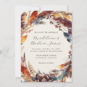 Boho Feathers Fall Wreath Calligrafy Wedding Einladung (Vorderseite)