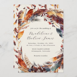Boho Feathers Fall Wreath Calligrafy Wedding Einladung