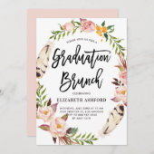 Boho Feathers & Floral Wreath Abschluss Brunch Einladung (Vorne/Hinten)