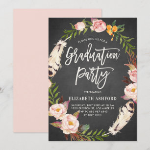 Boho Feathers Floral Wreath Chalkboard Abschluss Einladung