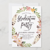 Boho Feathers & Floral Wreath Graduation Party Einladung (Vorderseite)